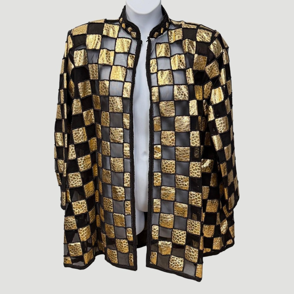VTG New Look Jacket Size 1X Black Gold Check Mesh Beaded Open Formal Church NWT